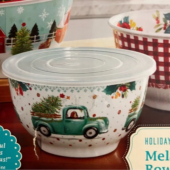 Pioneer Woman Holiday barn melamine nesting serving bowl set with lids farmhouse - Picture 3 of 10